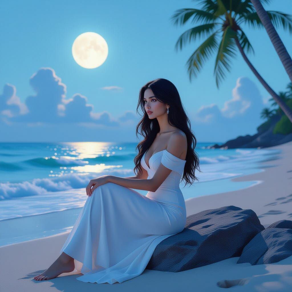Moonlit Beach Portrait in Hyperrealistic Style