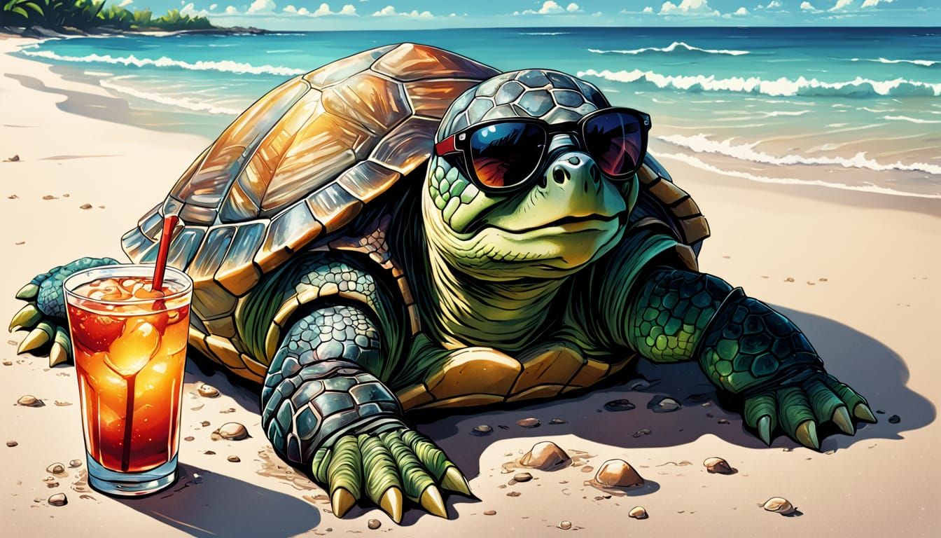 Turtle on Beach in Comic Book Art Style