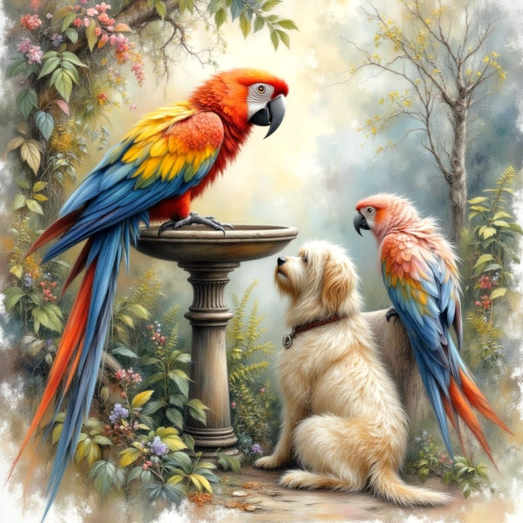 Parrot and Dog in Garden Pastel Smudging Illustration