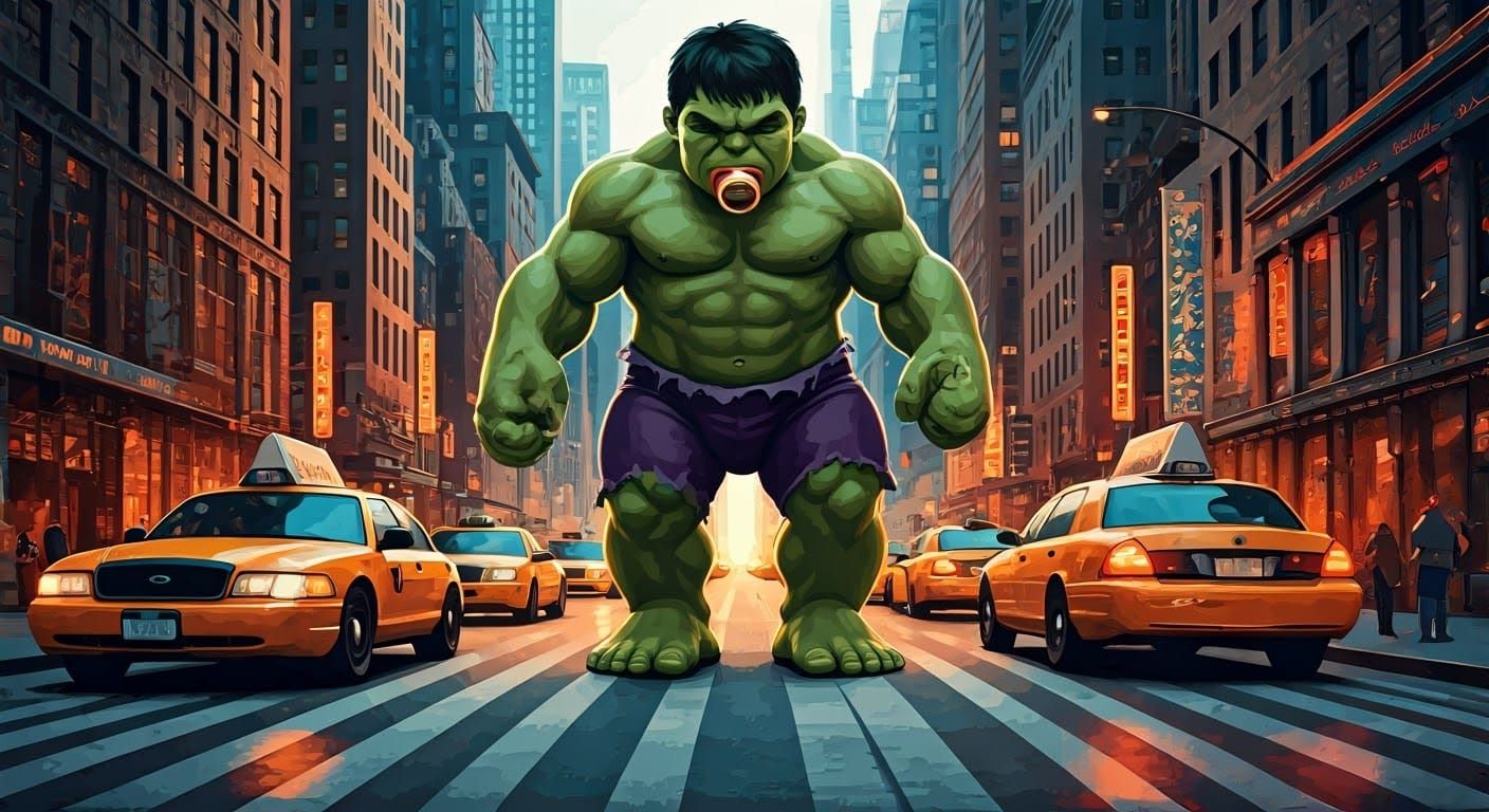 Baby Hulk in Cyberpunk New York City, in Impasto Style