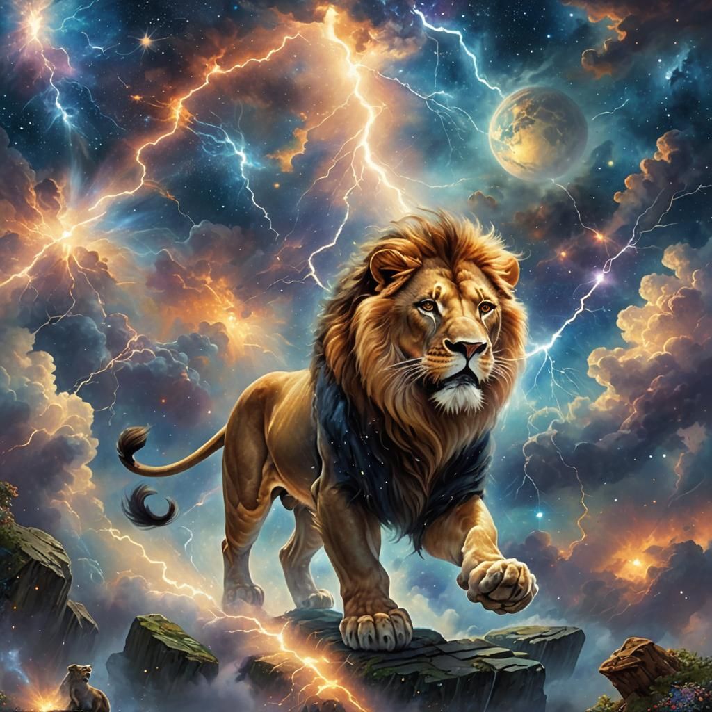 Ethereal Lightning Lion in Cosmic Universe