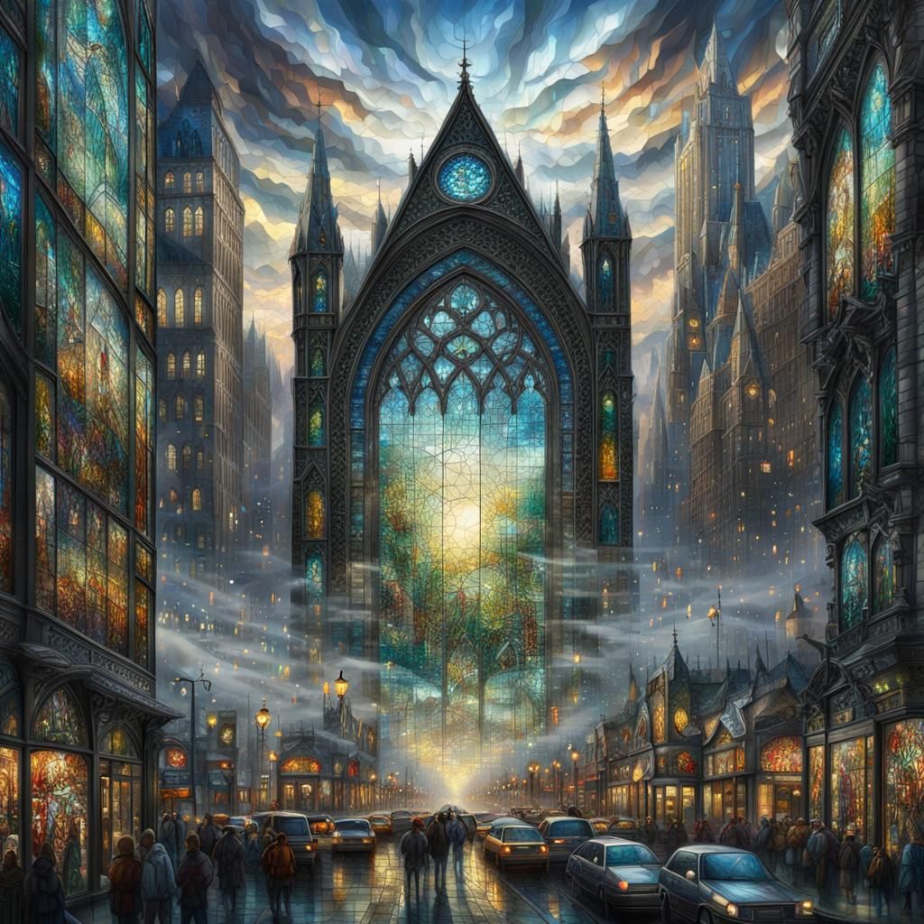 Gothic Stained Glass Window: City Street to Forest