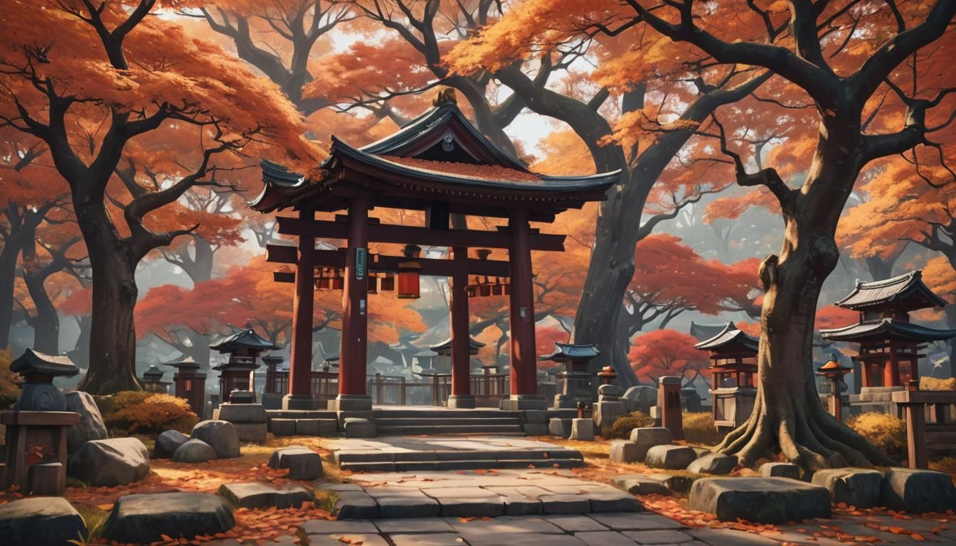 Autumnal Japanese Shrine in 3D Anime Style