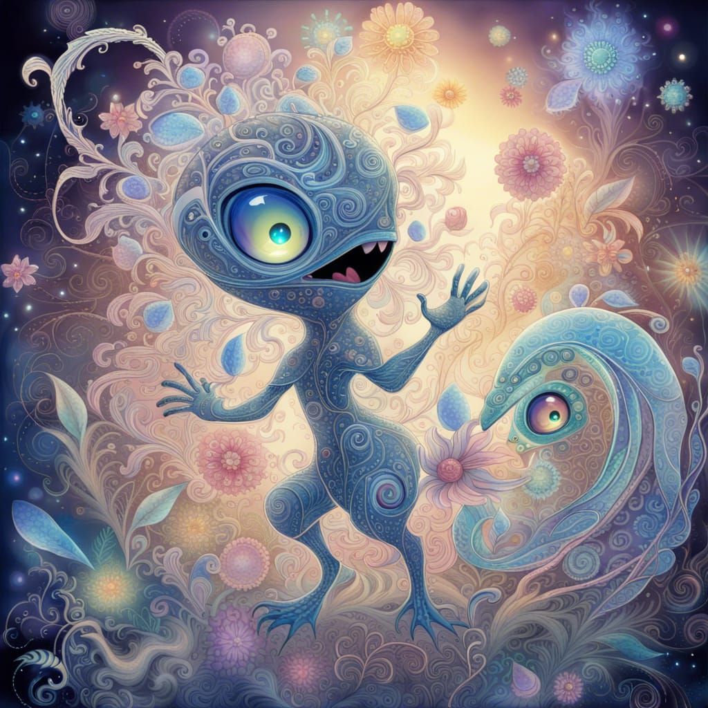 Alien Monster Lovingly Holds Mouse in Suminagashi Art