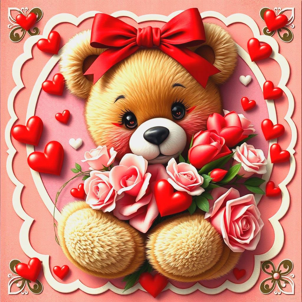 Whimsical Valentine's Day Postcard with Teddy Bear and Heart...