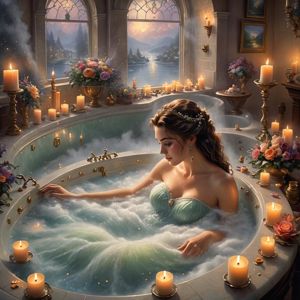 beautiful woman taking bath in a large bathtub with candles burning on the sides of the tub