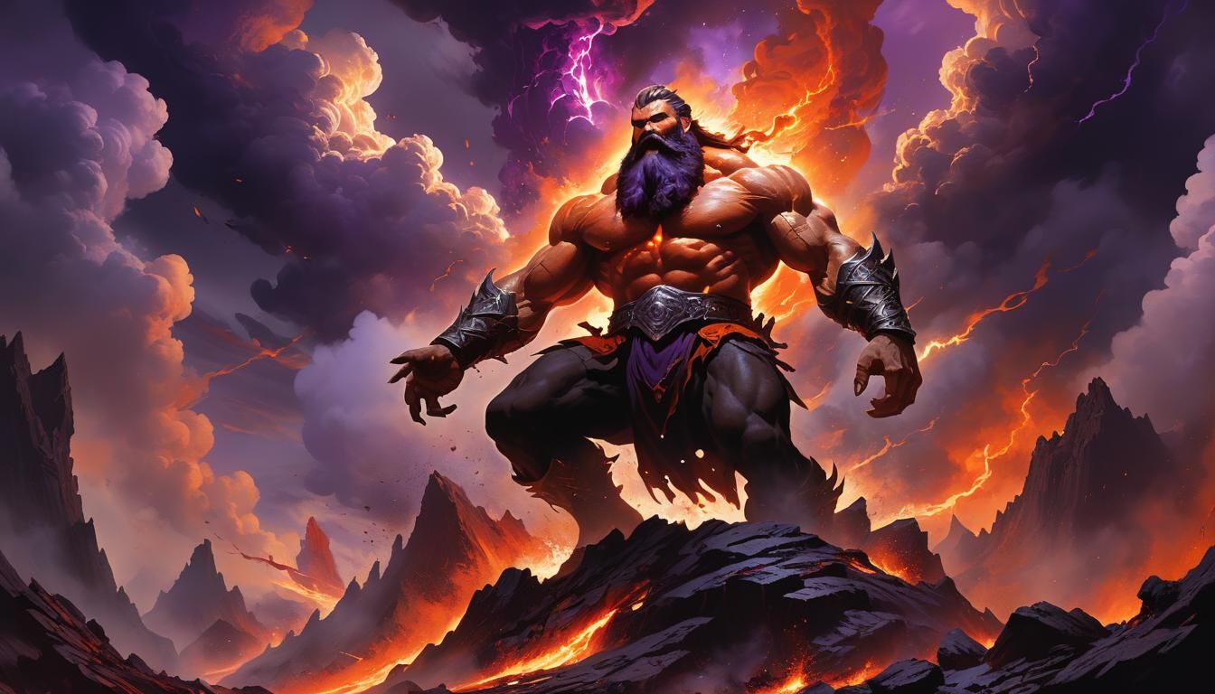 God Falls into Fiery Landscape: Heroic Fantasy Art