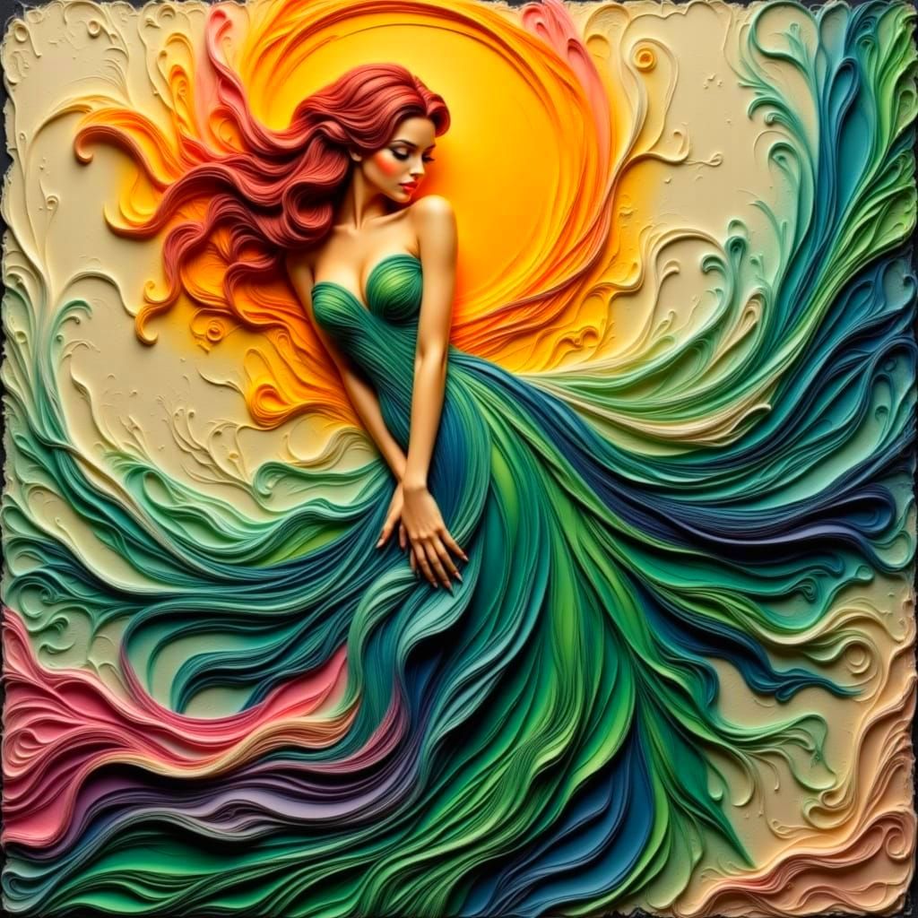 Elegant Woman in Emerald Gown Dissolving into Light