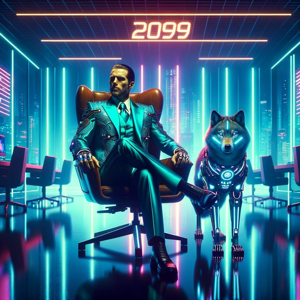 Cyberpunk CEO with Cybernetic Wolf in Neon Future