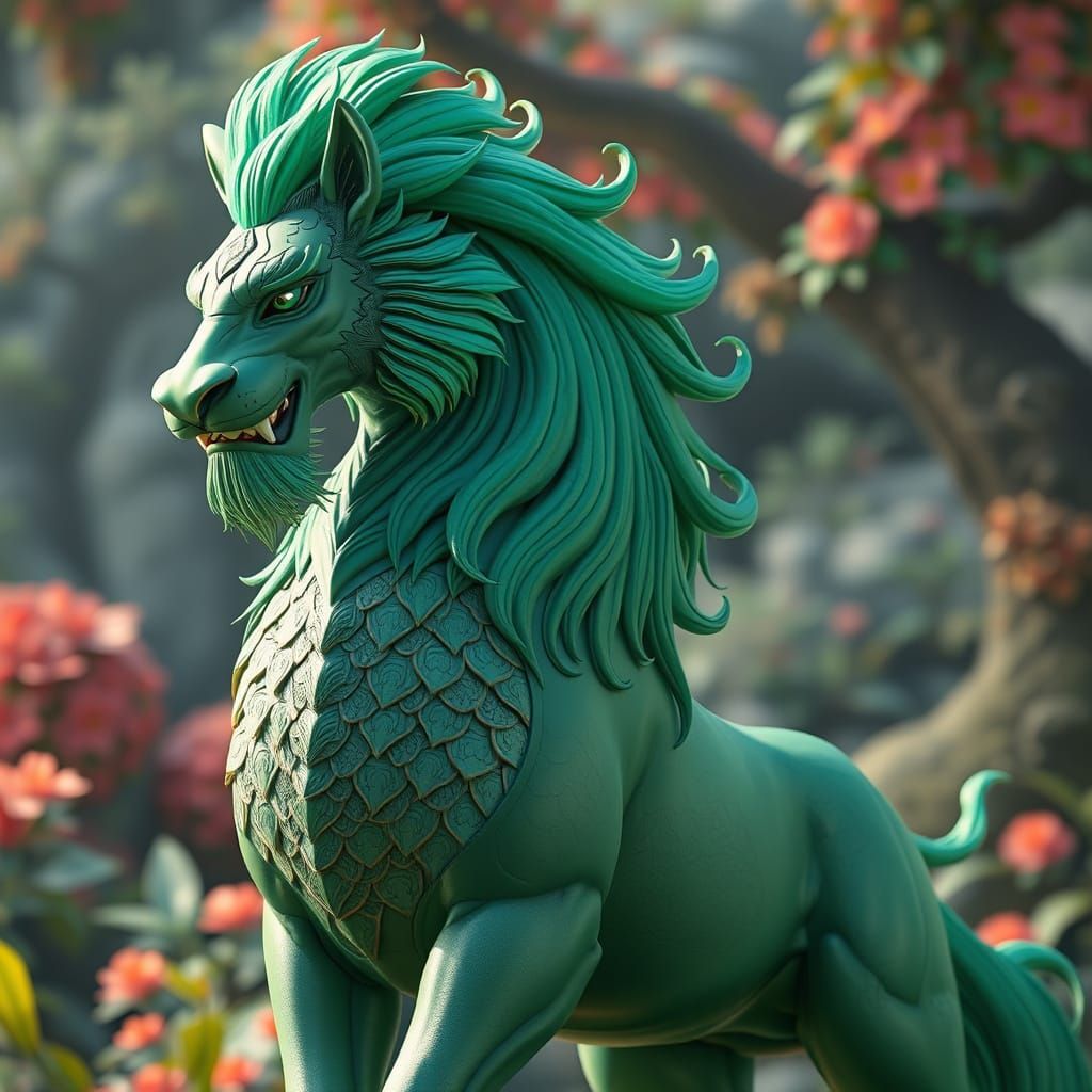 Emerald Lion-Horse Hybrid in 3D Anime Style