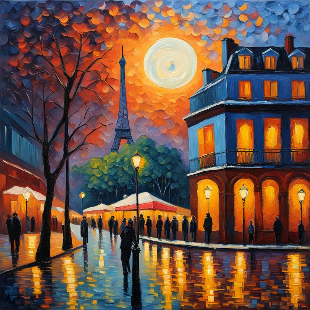 Paris Nightfall in Expressionist Impasto Style