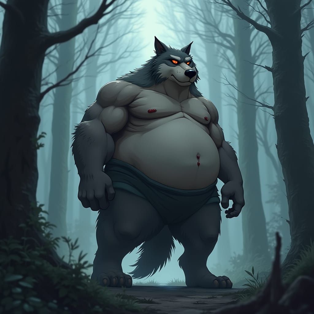 Muscular Fat Wolf in Misty Forest: Digital Painting