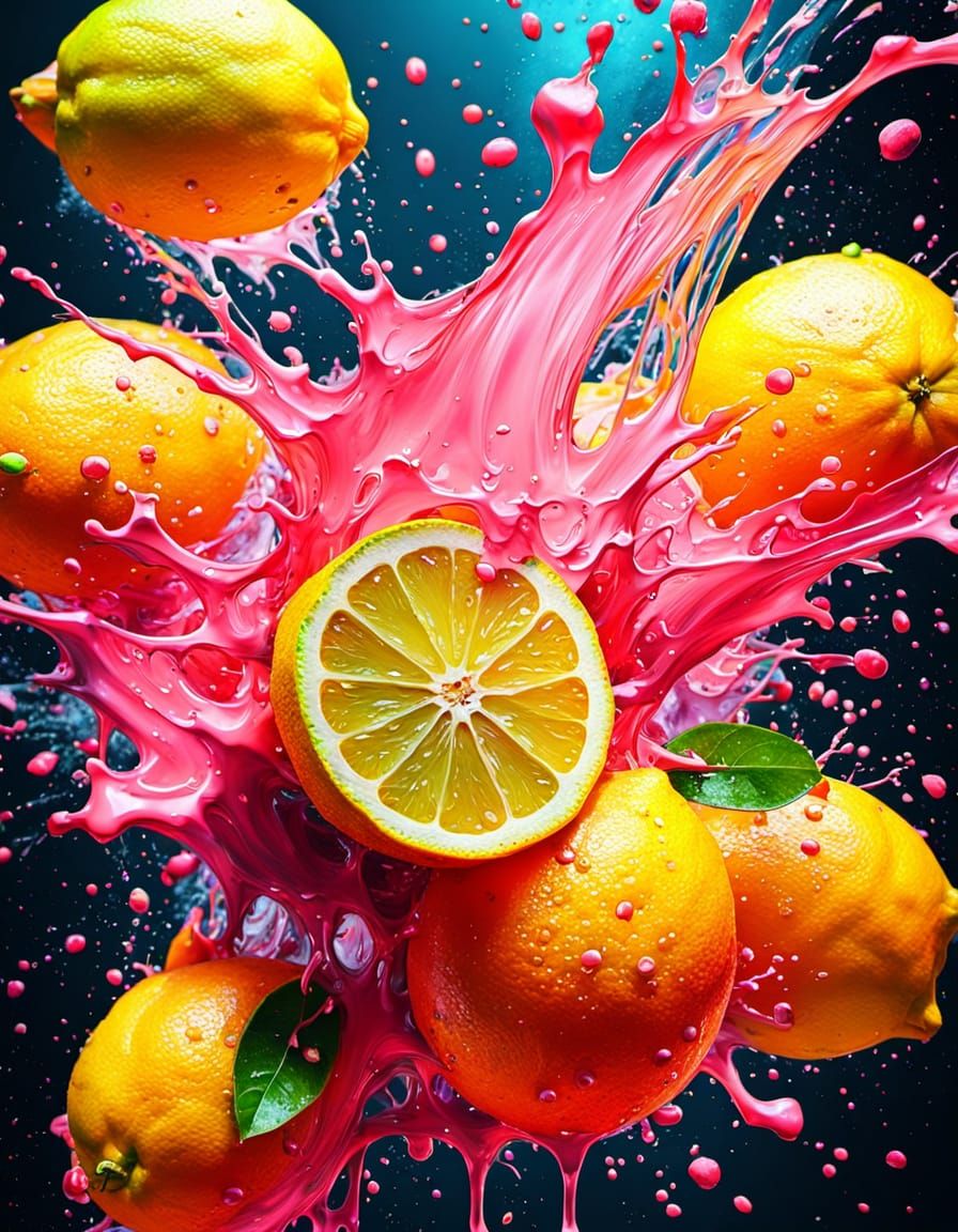 Exploding Pink Lemon in Abstract Expressionism Style