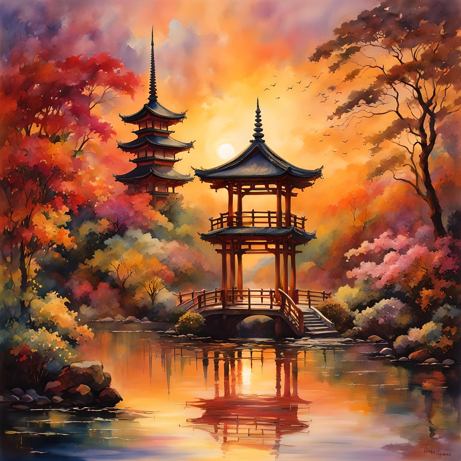 Japanese Pagoda Reflection in Watercolor Style