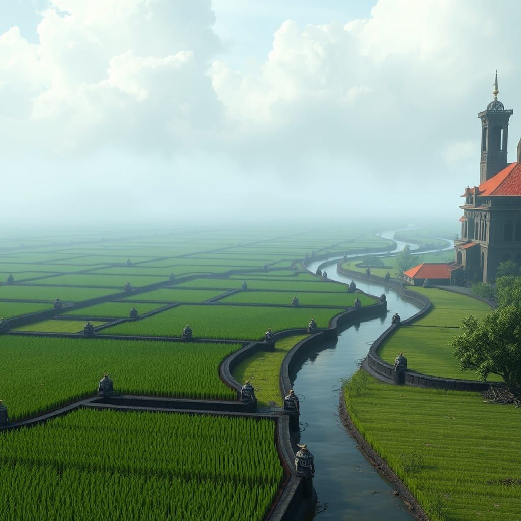 Mystical Delta Landscape at Dawn, In Cyberpunk Style