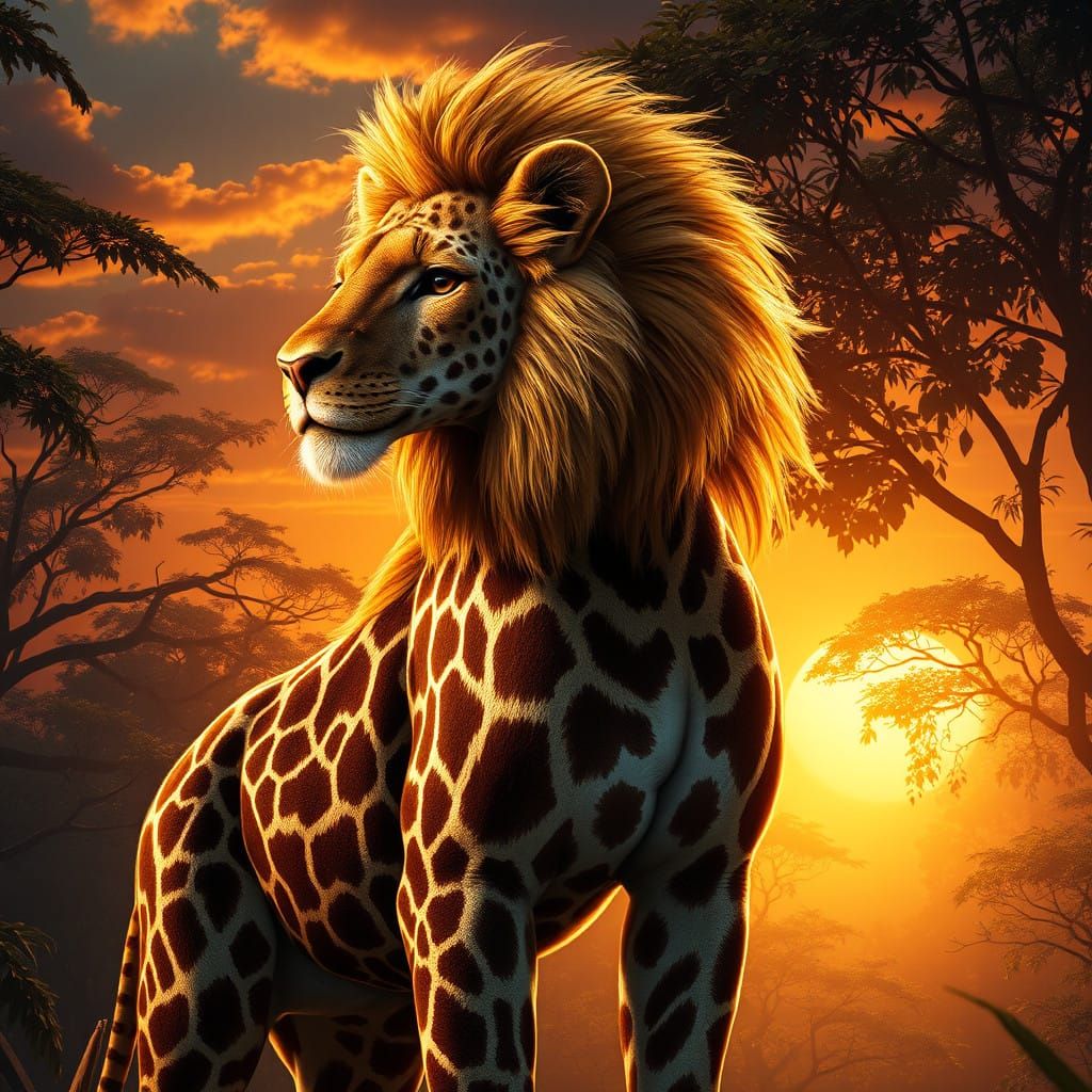 Majestic Lion-Giraffe Hybrid in Golden African Sunset