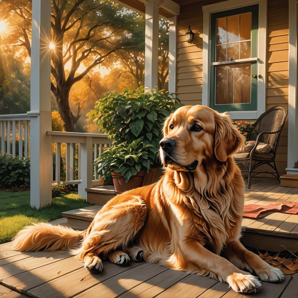 Golden Retriever Watching Bird, Airbrush Art