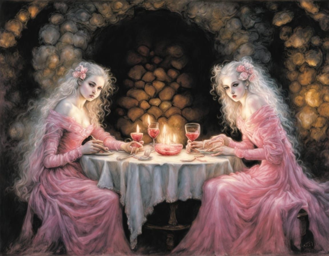 Encaustic Portrait of Sapphic Ghosts at Valentines Dinner