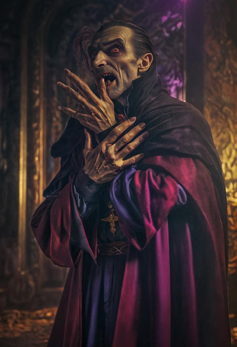 Dracula Shielding Face from Sunlight, Cinematic Film Still