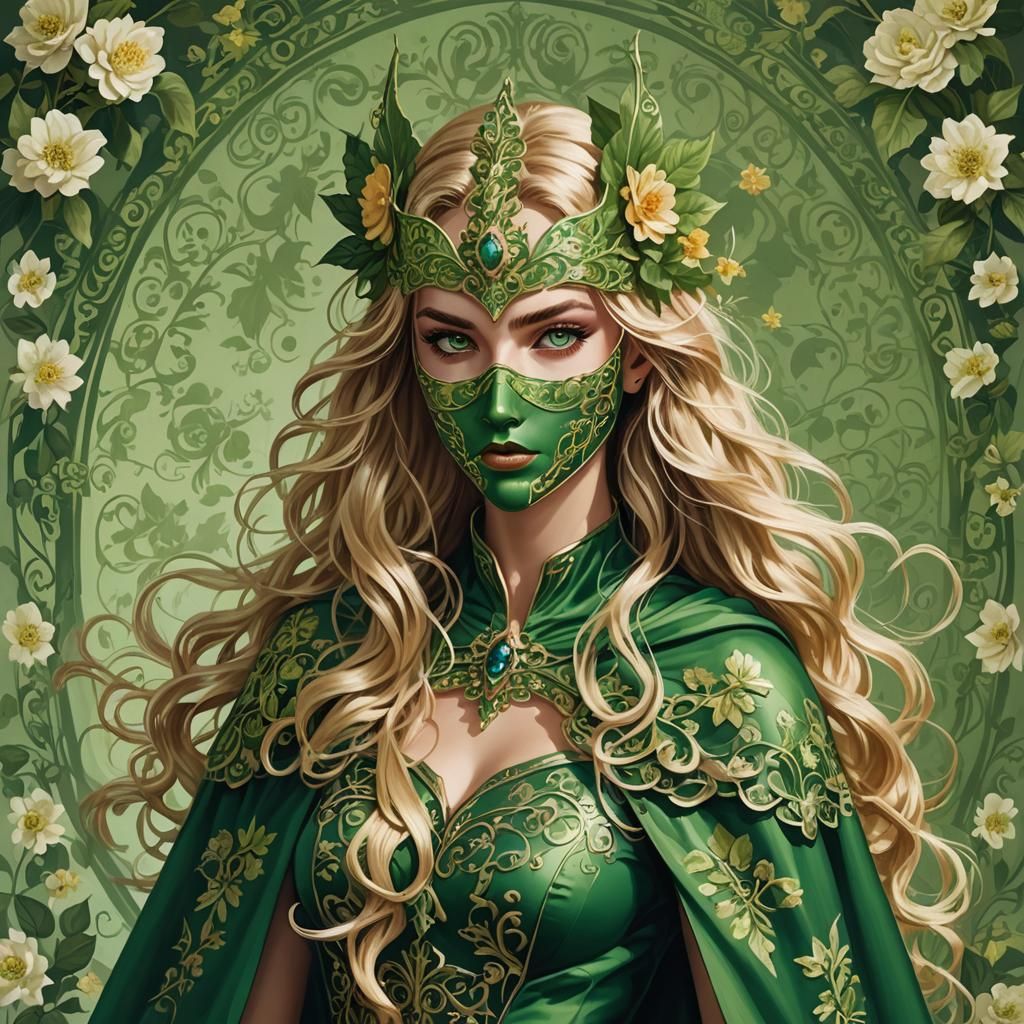 French Woman in Floral Superhero Costume, Digital Art