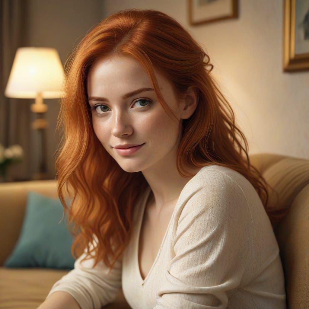 Warm Oil Painting of a Redhead Woman Playing Console in a Co...