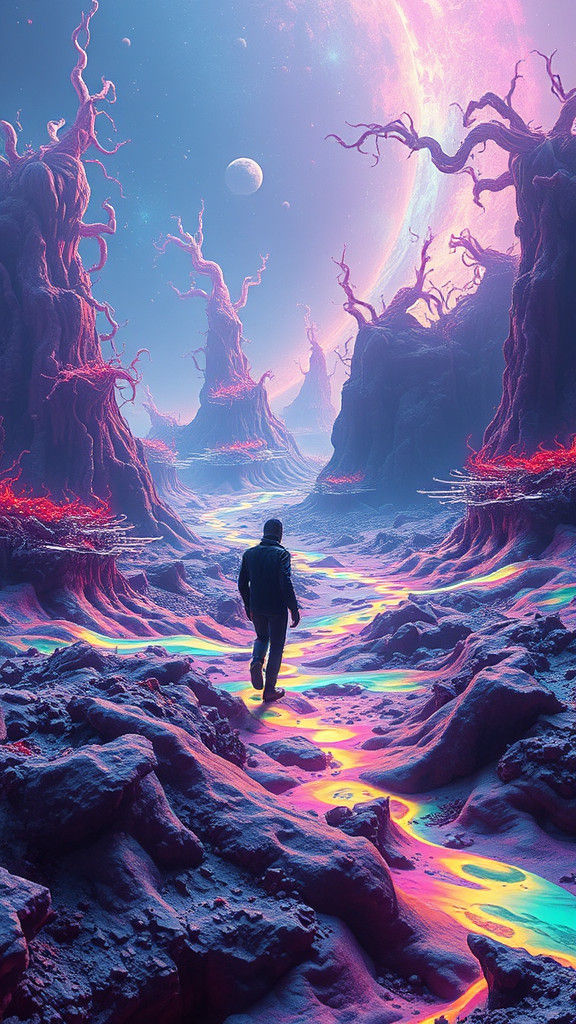 Eerie Bioluminescent Landscape with Figure in Surreal Style