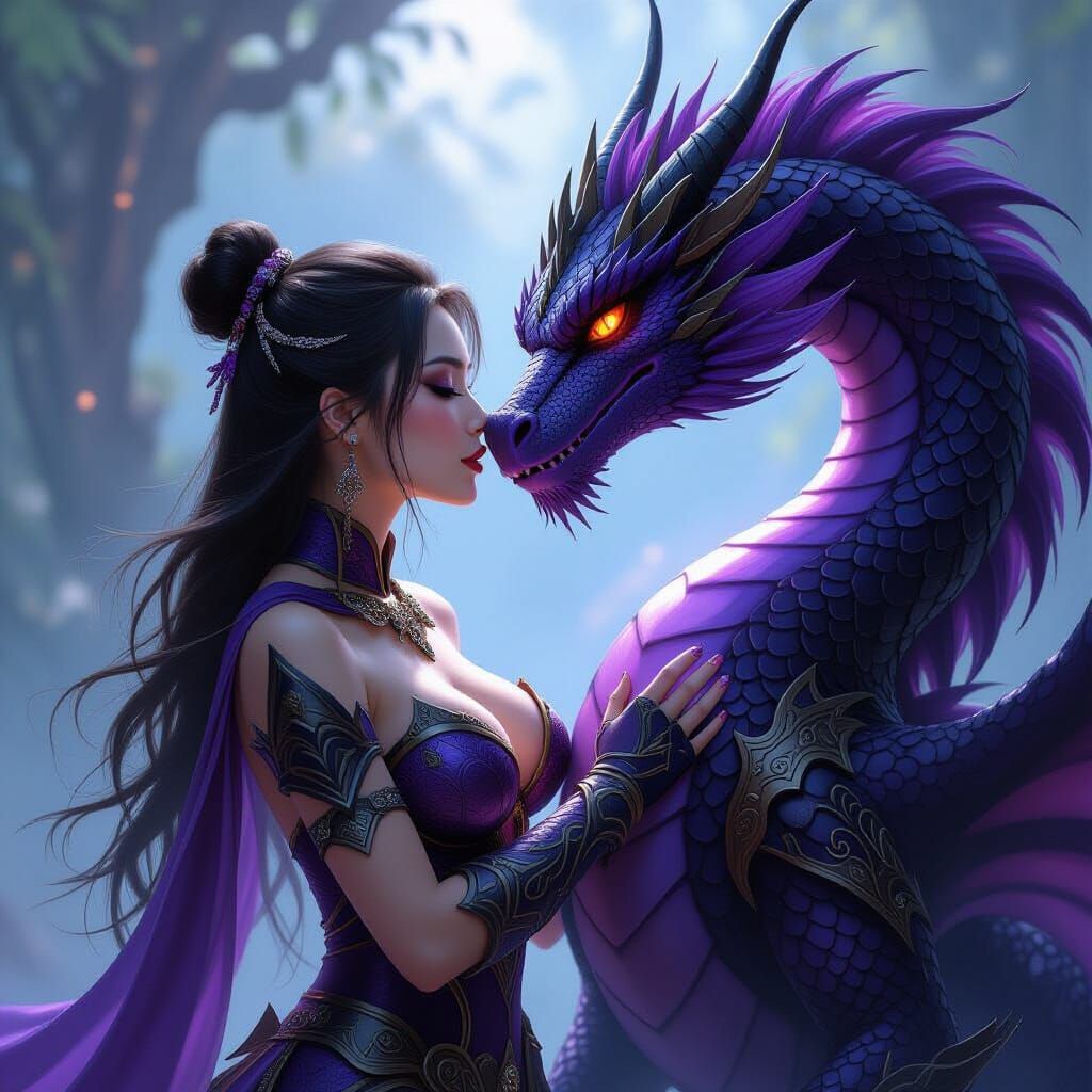 Fantasy Armor Woman Kisses Asian Dragon