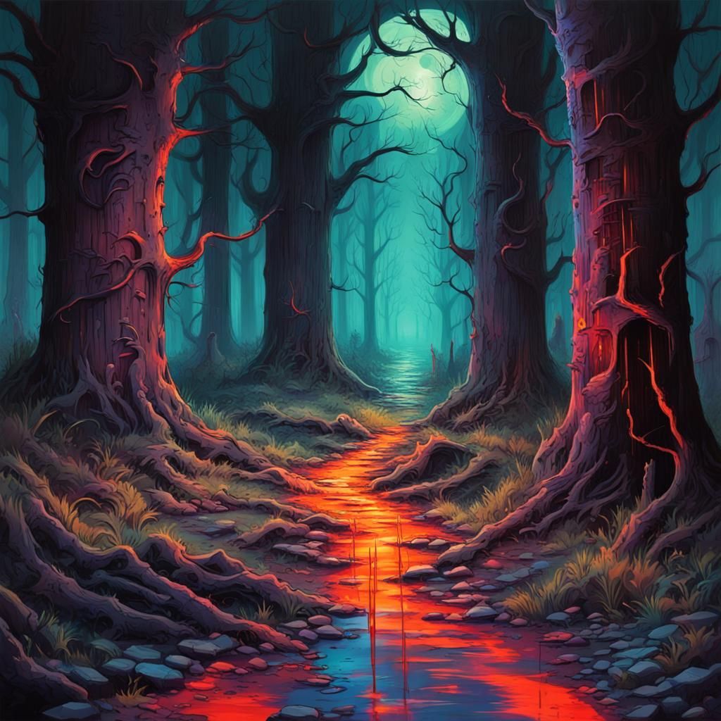 Graveyard Path in Old Forest: Graffiti Art Style