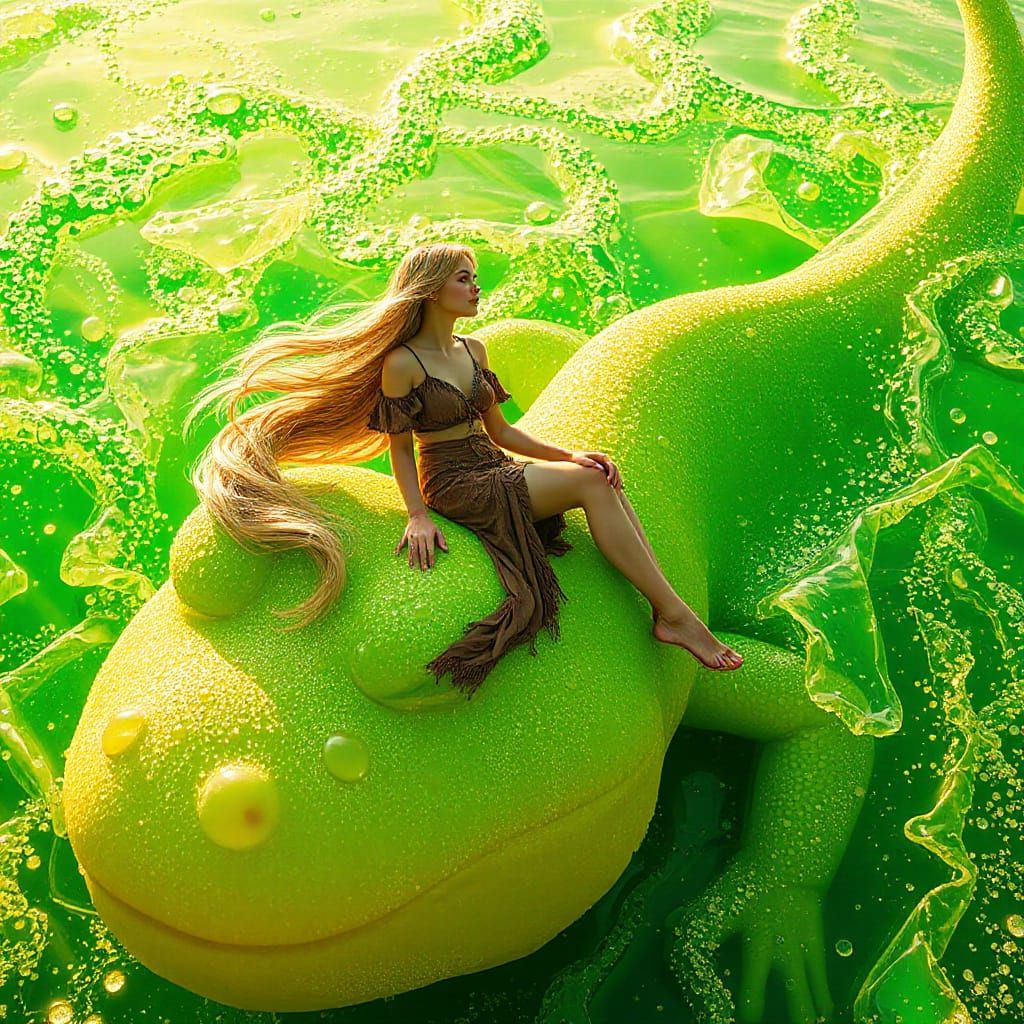 Woman on Gummy Salamander in Soda Sea