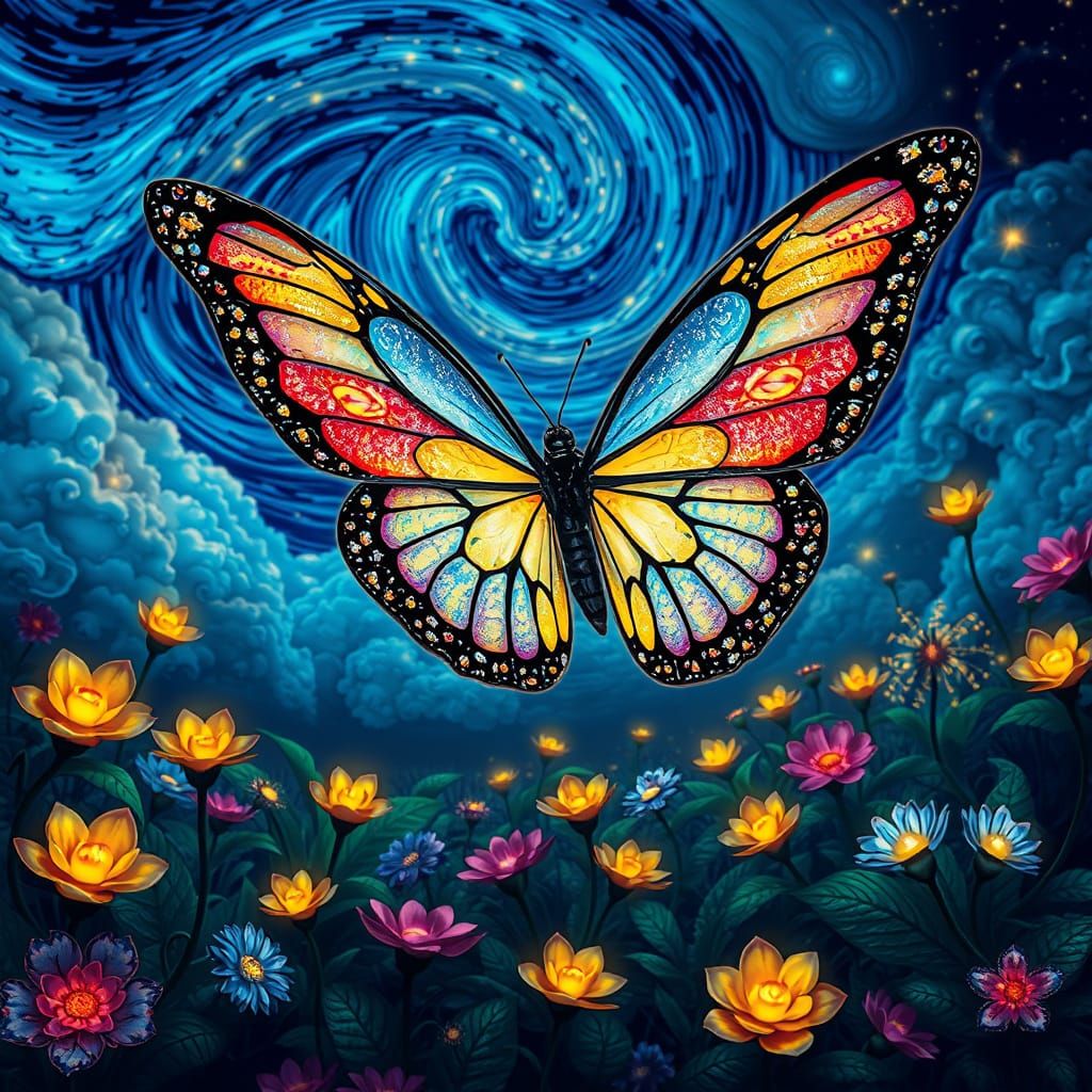 Bioluminescent Butterfly in Surreal Cubist Dreamscape