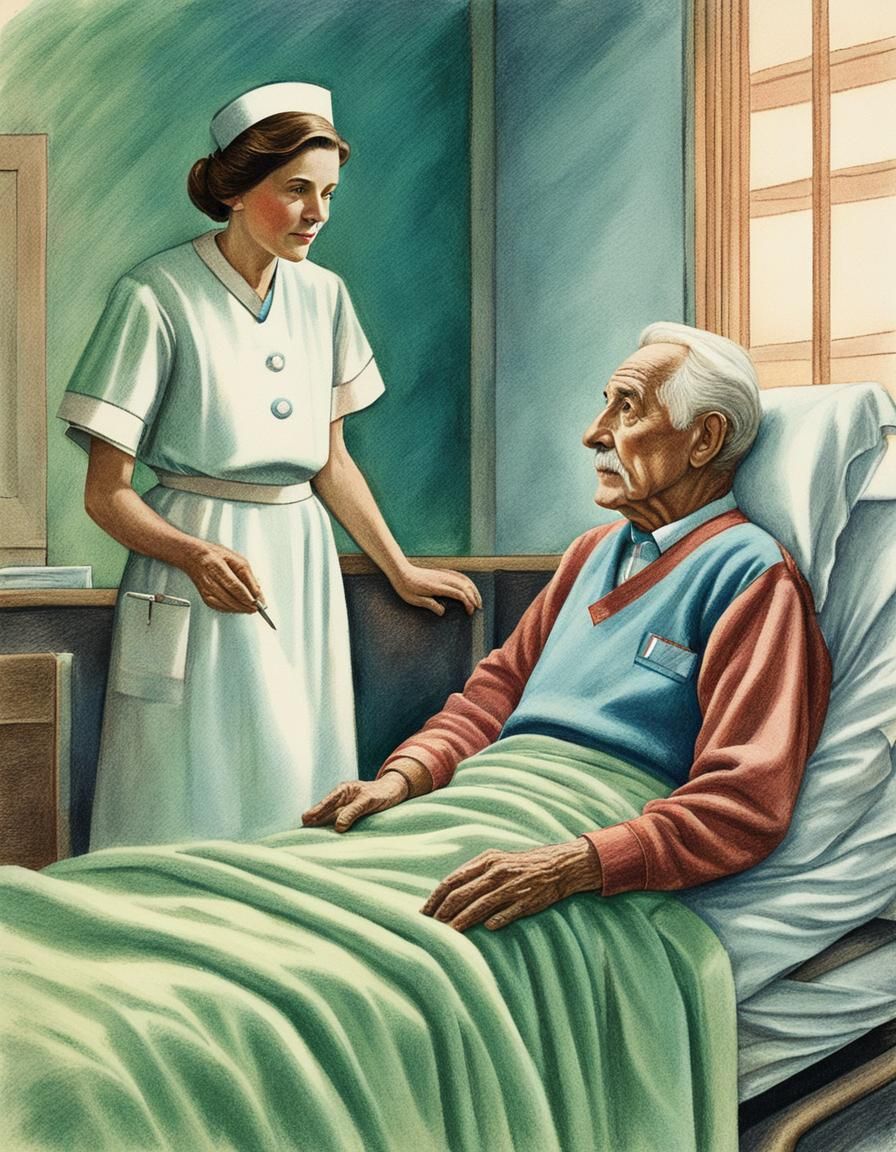 Calm Nurse Attending Elderly Patient: Colored Pencil Illustr...