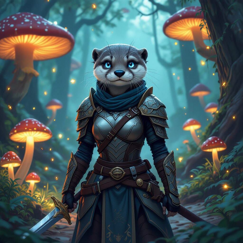 Blue-Eyed Otter Warrior in Mystical Forest