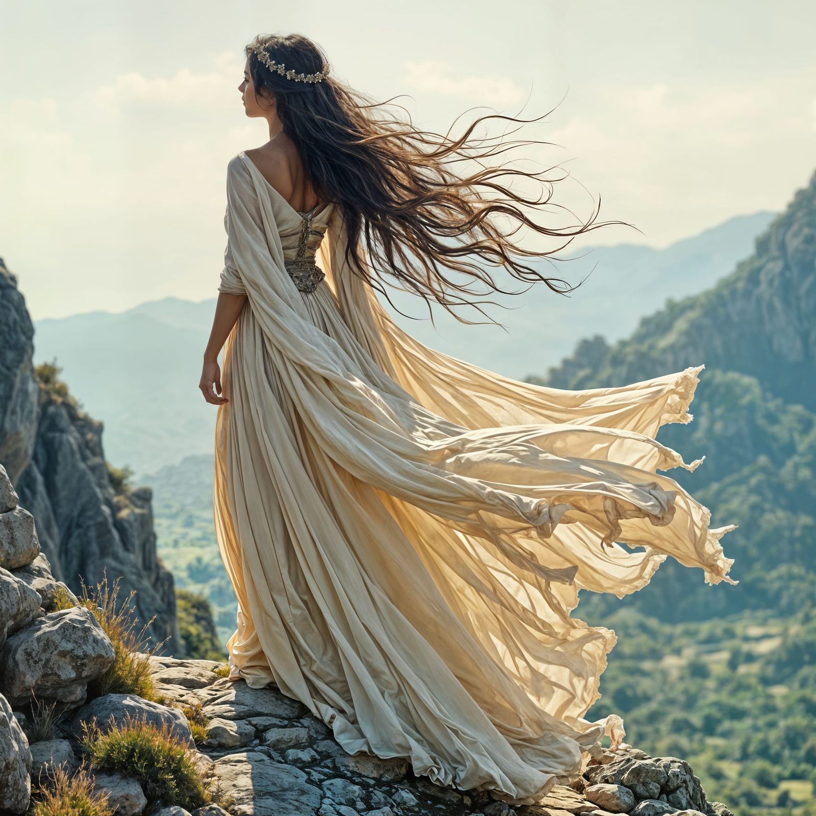 Woman on Rocky Heights in Moody Inks Style