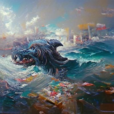 Kaiju Emerges from the Ocean as Oil Painting