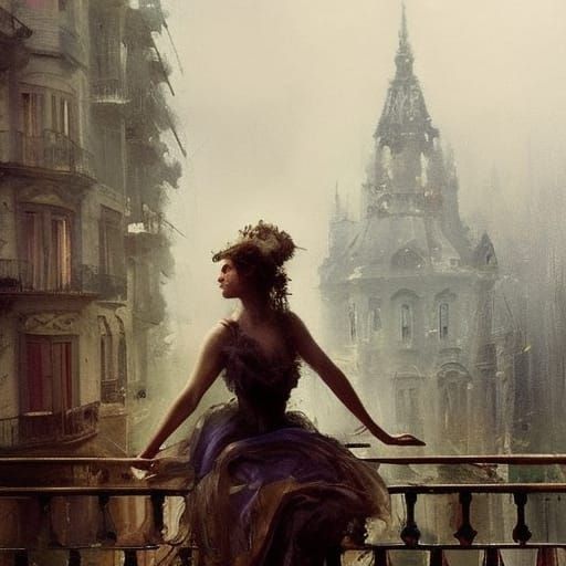 Victorian Woman on Rococo Balcony: Impressionist Digital Art