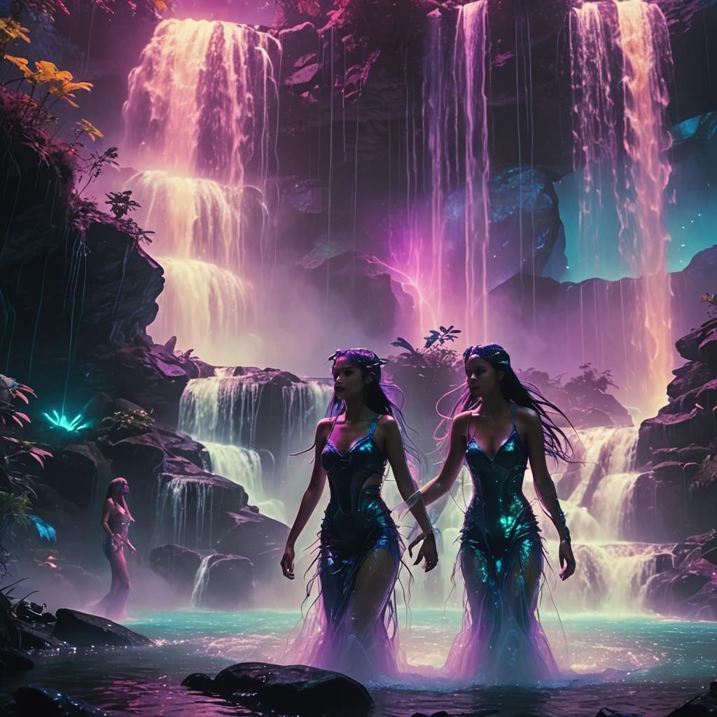 Neon Cyberpunk Mermaids Play in Waterfall