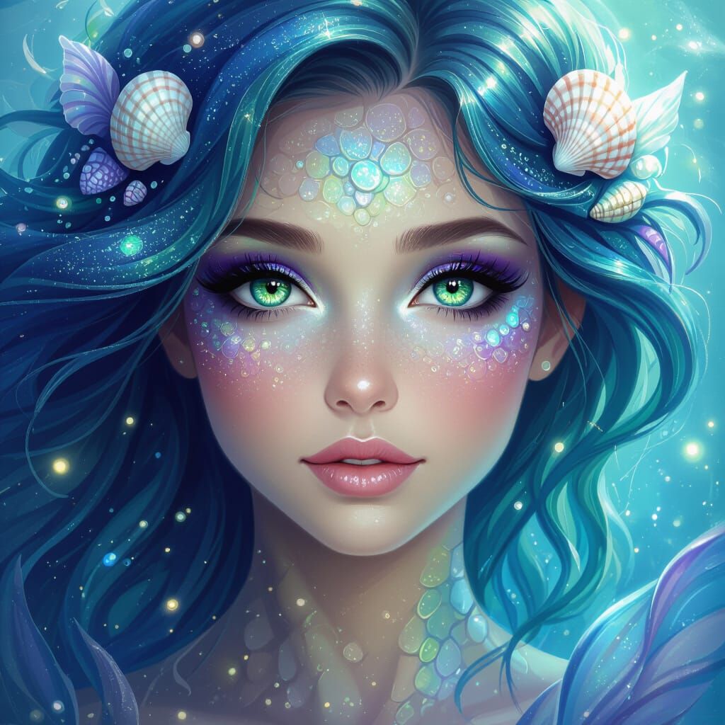 Whimsical Mermaid Portrait With Emerald Eyes