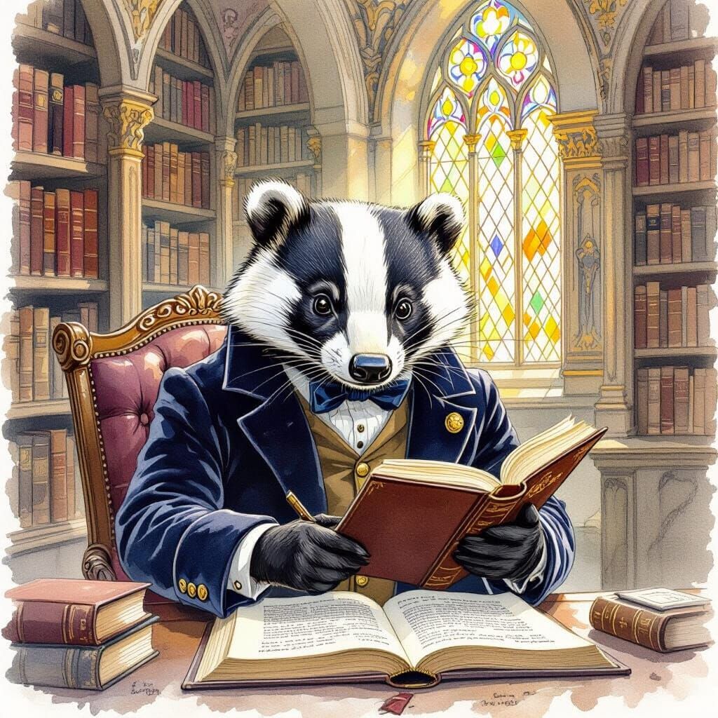 Dignified Badger Annotating Book in Watercolor Style