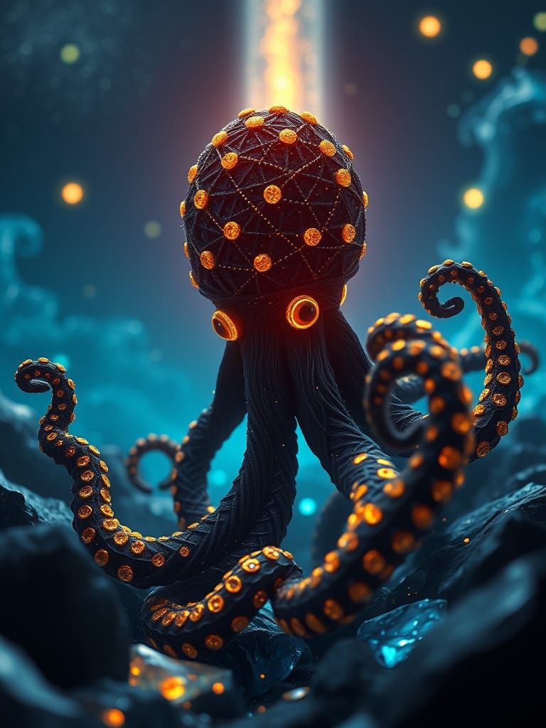 Gilded Yarn Octopus Twirling Waterspout in Dreamlike Scene