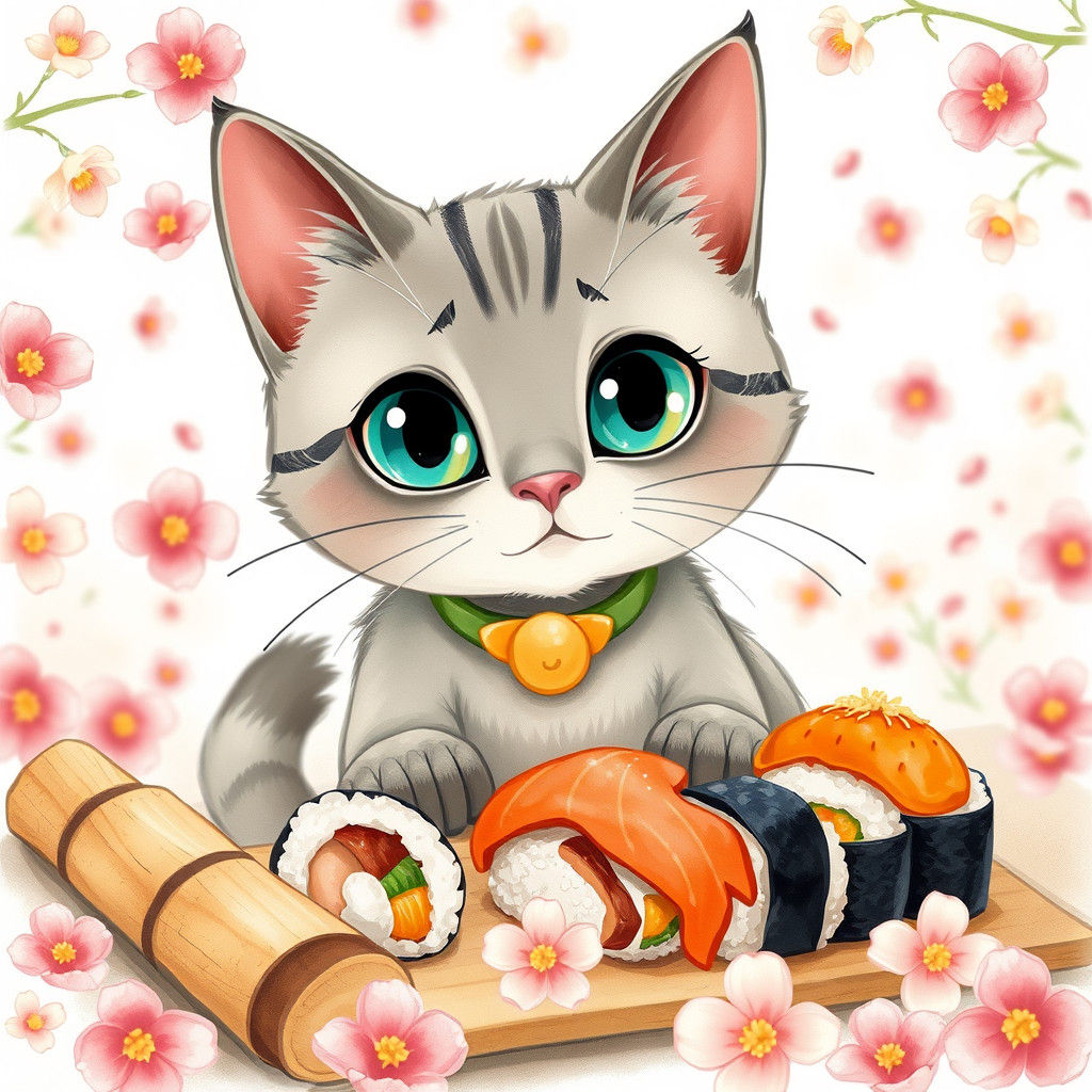 Siamese Cat and Sushi Feast in Watercolor Style