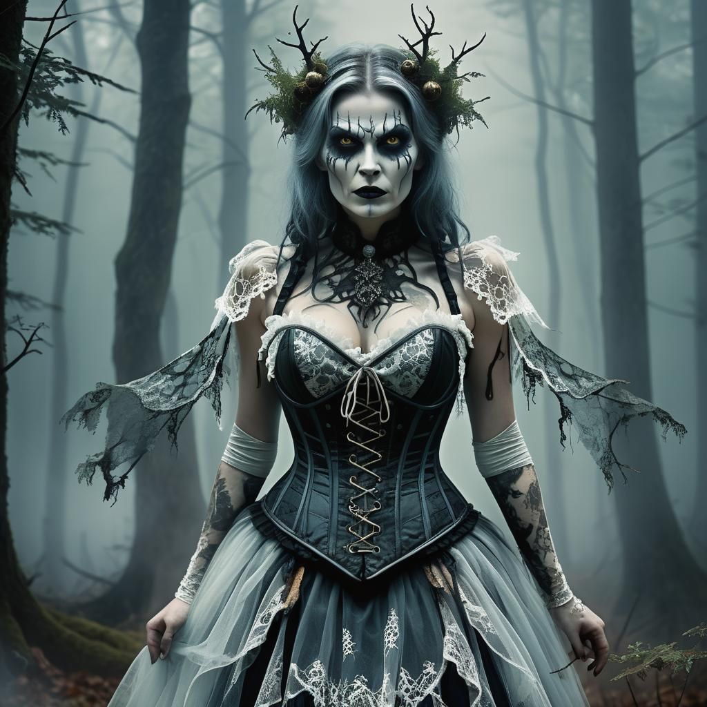 Sinister Forest Witch in Haunted Mist, Digital Art