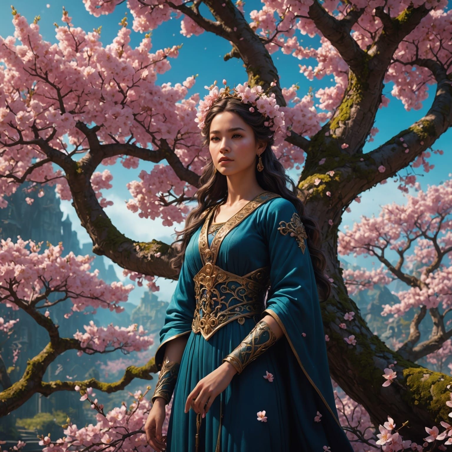 Cherry Blossom Goddess in a Fantastical Landscape