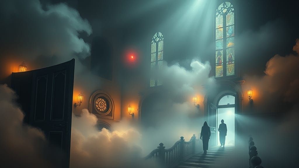 Dream vista of fog, lights, doors, windows, shadow figures