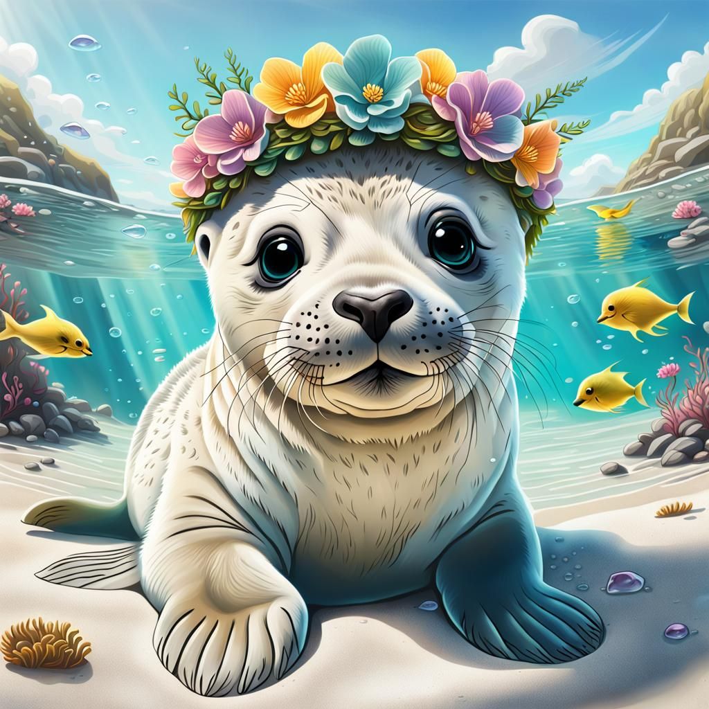 Cartoon Baby Seals on a Tropical Beach