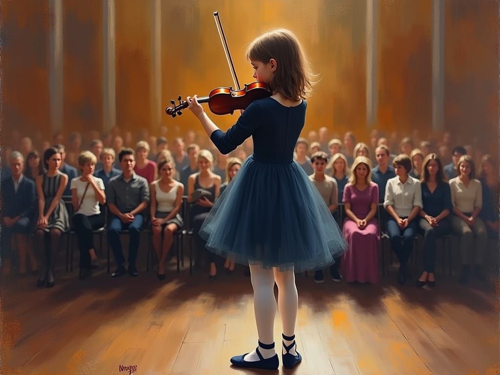 Ethereal Impressionist Concert Hall Scene with Young Violini...