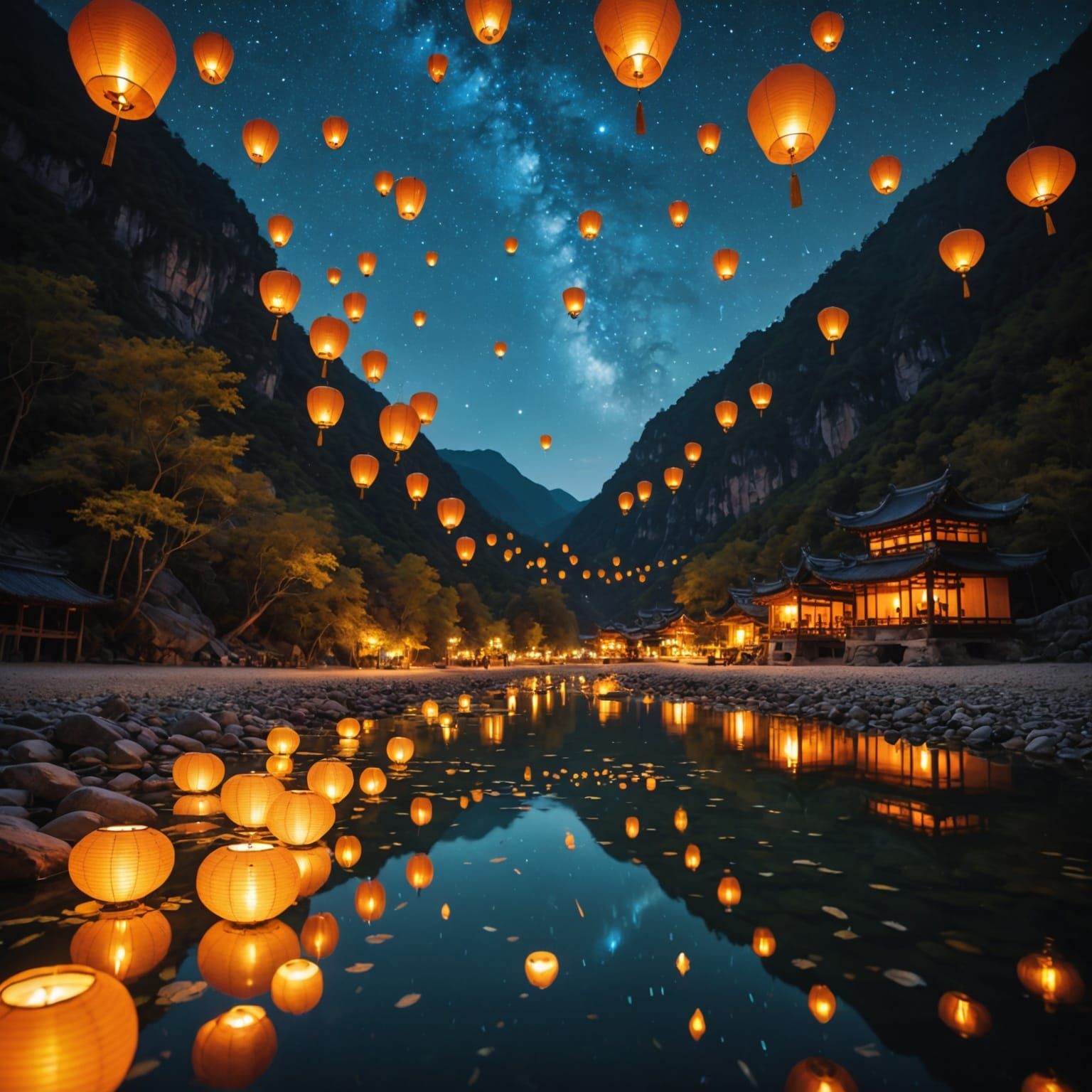 Glowing Lanterns Reflect Starry Night Sky