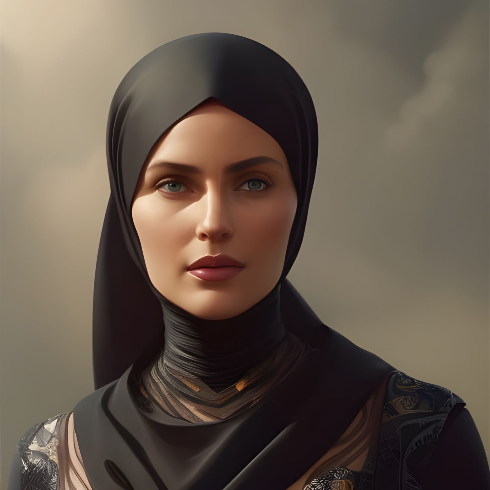 German Woman in Hijab and Latex Dress: Hyperdetailed Portrai...