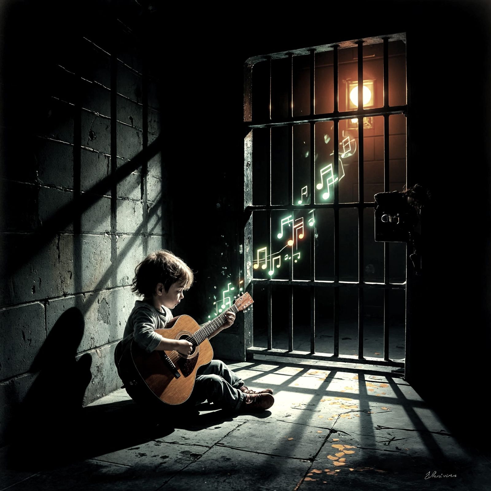 Child Plays Guitar in Dark Prison Cell