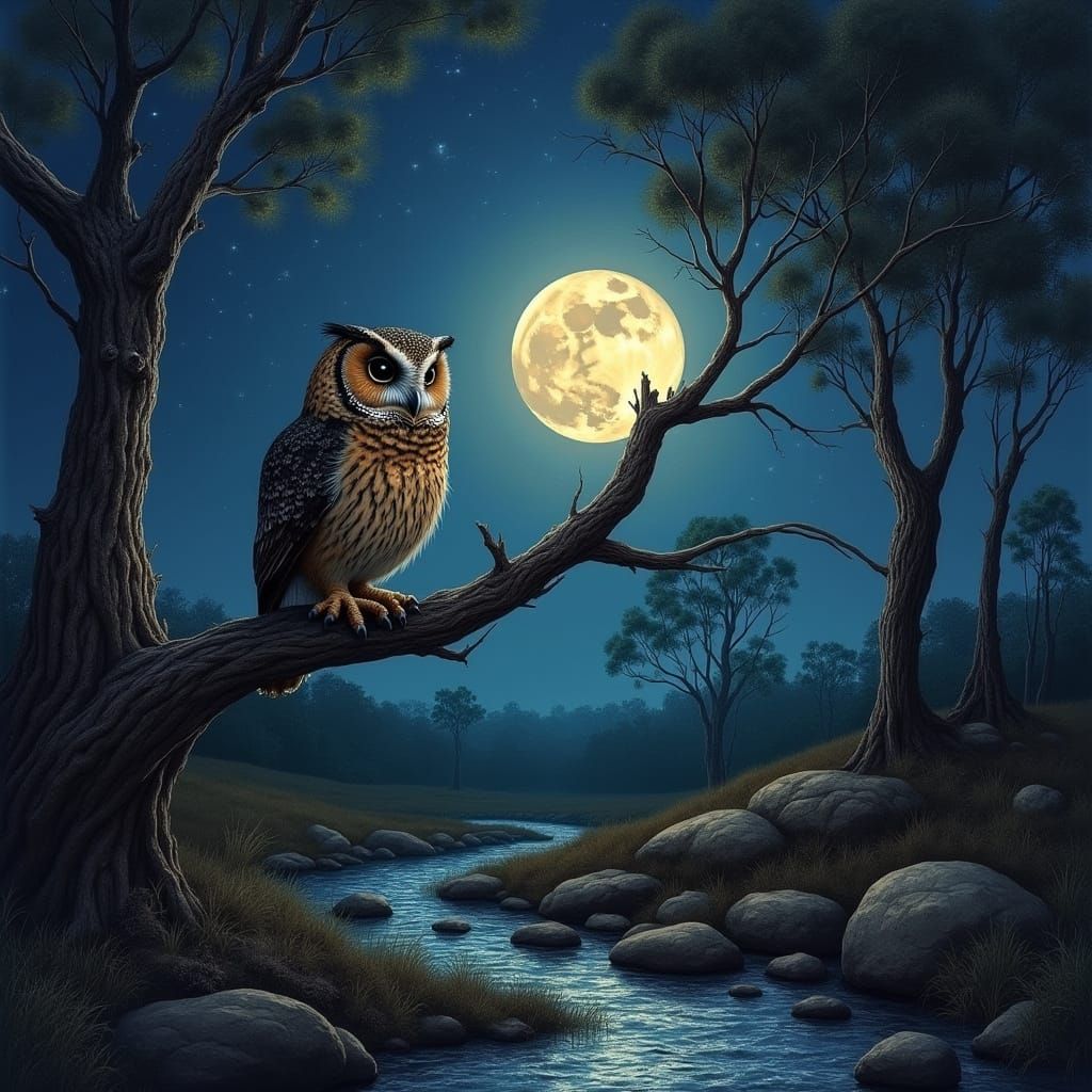 Midnight Owl in Australian Outback Landscape