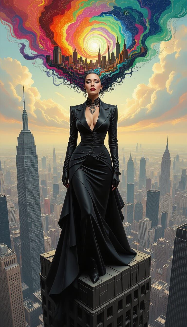 Woman on Warped Skyscraper in Dark Oil Painting Style